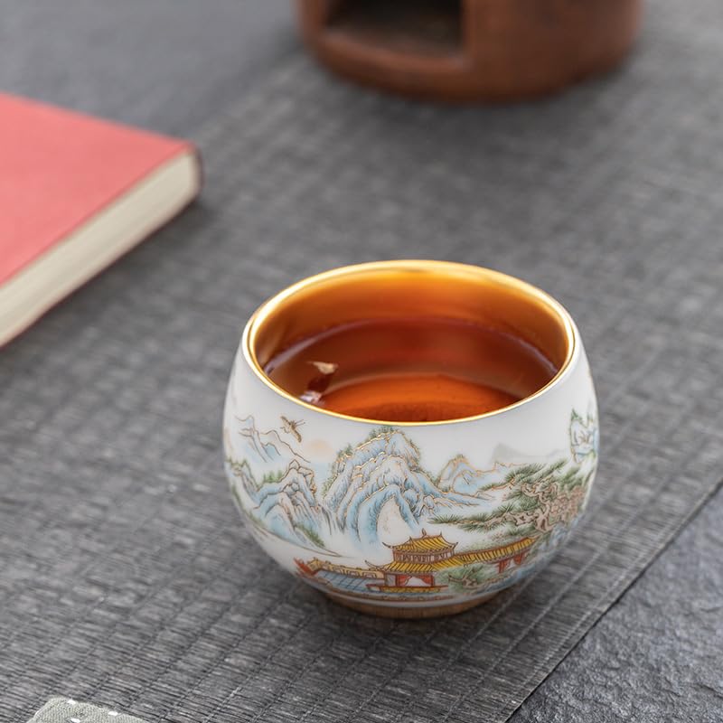 Keramik-Teetasse Weiße Porzellan-Teeschale, Jian Ware, kleine Teeschale, vergoldete Tasse, Holzblattschale, Tee-Probiertasse Tassen für Tee