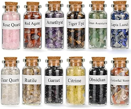 12Pcs Crystals Gemstone Bottles Set, Healing Crystal Tumbled Stones Collection Kit Natural Quartz Gravel Wishing Bottle, Reiki, Healing, Meditation, DIY Decorations