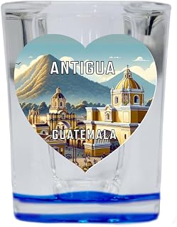 R and R Imports Antigua Guatemala Travel Souvenir Destination Heart Shape 2 Ounce Shot Glass Square Blue Base 4-Pack