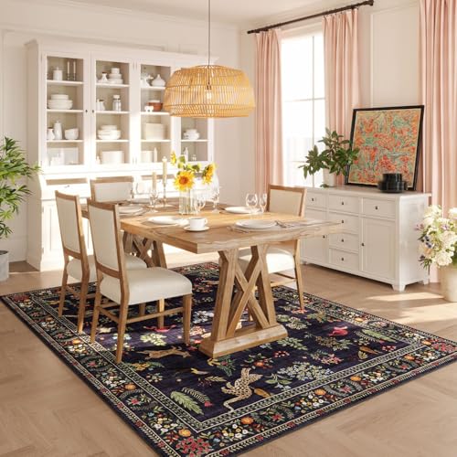 Living Room Rug 6x9 Rug Machine Washable Boho Area Rug Non Slip Floral Animal Vintage Low Pile Large Rug for Living Room, Bedroom, Farmhouse, Dining Room, Kids Playroom (Blue)