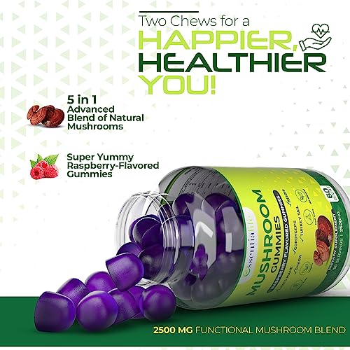 Essentialife Lions Mane Mushroom Supplement | 5-in-1 Mushroom Gummies with Turkey Tail, Cordyceps, Reishi, Chaga Extract | Brain Focus and Immune Support for Women Men, Raspberry Flavor, 60 ct - Image 3