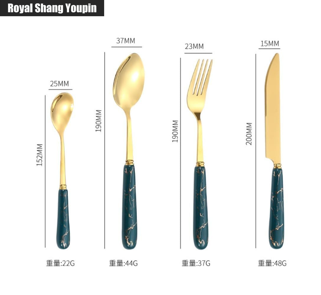 24 Pezzi Manico in Ceramica Imitazione Marmorizzata Cucina Acciaio Inossidabile Posate Stoviglie Posate Coltelli Forchette Cucchiai Set Per 6 Persone (Verde scuro,B)