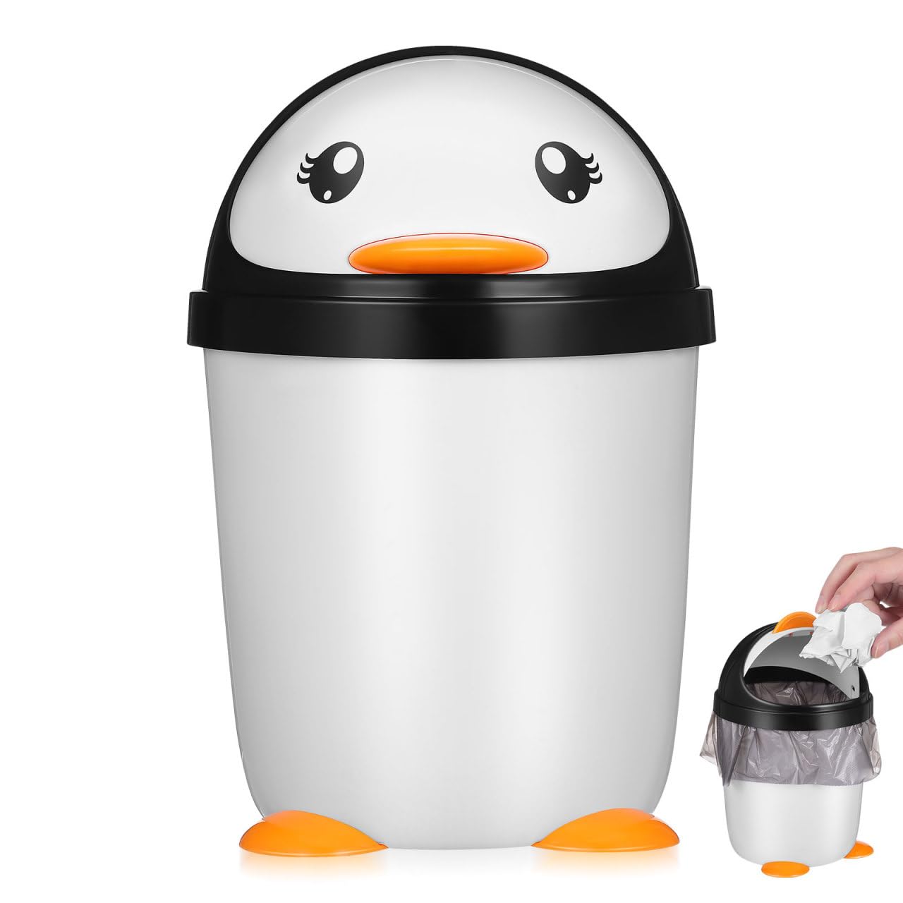 Didiseaon Cute Penguin Swing Lid Car Waste Bin Mini Desktop Trash can for Office Bedroom Kitchen Home Stable Base Wastebasket for Garbage Trash Waste