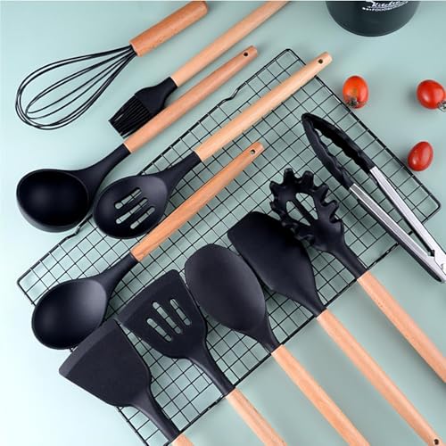Image of SKYTONE Silicone Kitchen Spatula and Utensils Spoon Set 12-Piece Silicone Kitchen Cooking Utensils Set, Non-Stick Utensils Set Heat Resistant Easy Clean, BPA Free (Black)