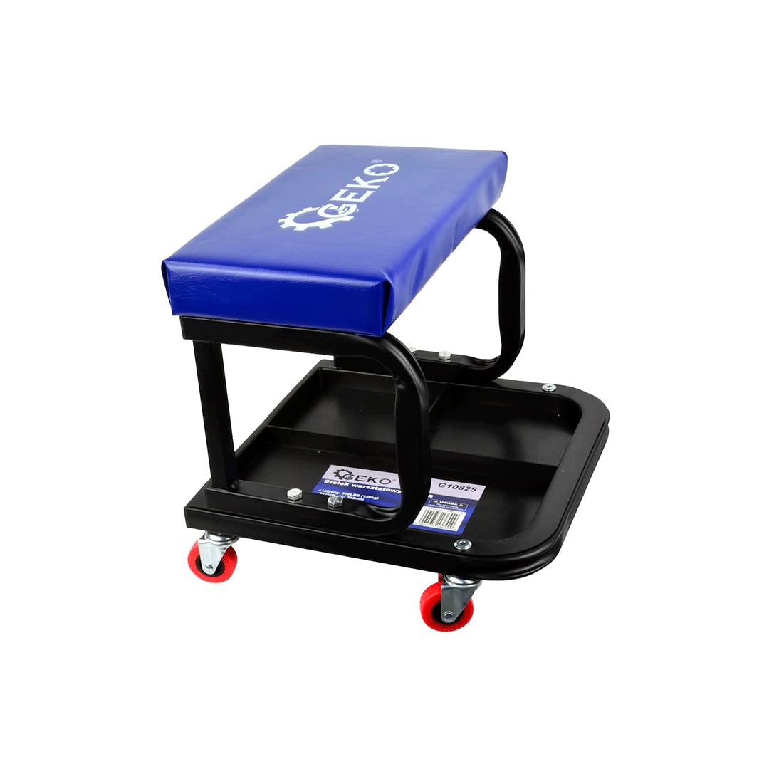 Taburete de Trabajo | Cuerpo de Acero Resistente, Asiento Acolchado, Carga Máxima 136Kg | Taburete con 4 Ruedas Giratorias 360° | Taburete de Taller Con Estante Dividido Para Herramientas