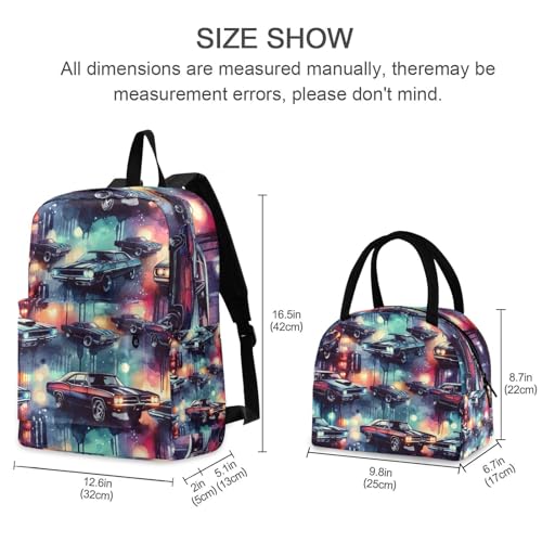 Backpacks for Boys Girls, Neon Muscle Cars Lightweight Backpack, Kids School Bag with Lunch Bag2
