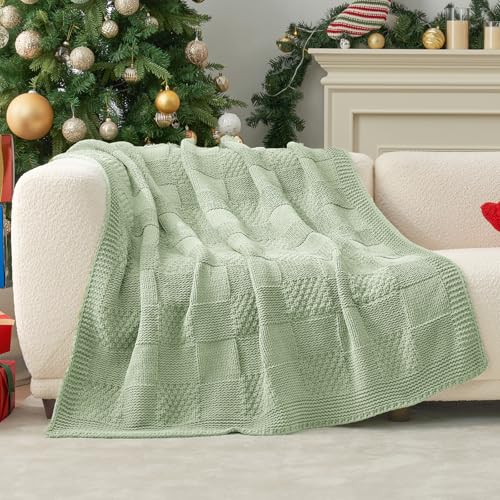 Amélie Home Checkered Chenille Knit Throw Blanket for Couch, Classic Texture Decorative Soft Blanket for Sofa, Chair & Bedroom, 60"x80", Sage Green