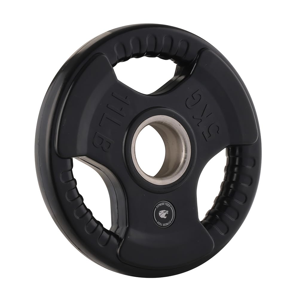 Discos Olímpicos Triple Agarre de Goma Fitness Tech | Set de 2 Unidades | Compatibles con Barras de 50 mm | Pesos de 2,5 a 25 kg | Alta Resistencia y Agarre Seguro (5, Kilogramos)