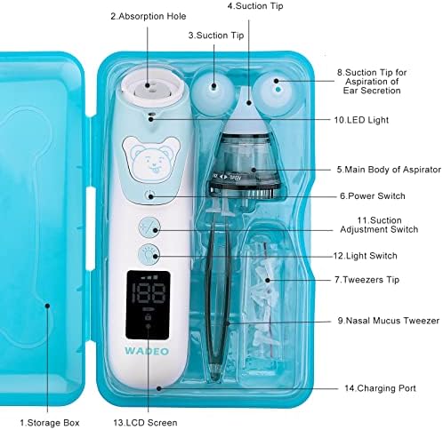 WADEO Upgraded Nasal Aspirator Baby, Electric Baby Nose Unblocker with 5 Suction Levels & 3 Silicone Tips, Rechargeable Baby Nose Suckers for Newborn & Toddlers, LCD Screen & LED Light Included