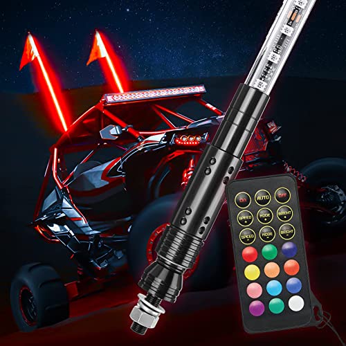Kemimoto 2Pc 5Ft Led Utv Atv Whip Lights W/Flag, 366 Colors Modes, Wireless Remote Waterproof Whip Antenna Compatible With Polaris Rzr Ranger Can Am Maverick Commander Compatible With Jeep Atv #TOP7