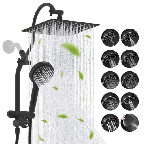 Image of Hibbent High Pressue All Metal 10 inch Rainfall Shower Head, Handheld 10-Spray | cUPC Certified Oil-Rubbed Bronze Dual Showerhead Combo, 4-way Diverter with Pause Mode, Extension Arm, 71'' Hose & Holder