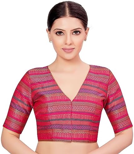 Studio Shringaar Women's Multi-Coloured Brocade Readymade Saree Half Sleeve Blouse (Multi-Color, 36)