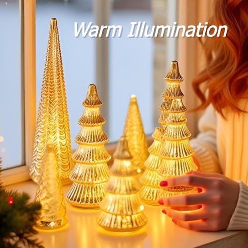 Figuras navideñas iluminadas y 5 árboles de Navidad de cristal de mercurio dorado para hogar 3