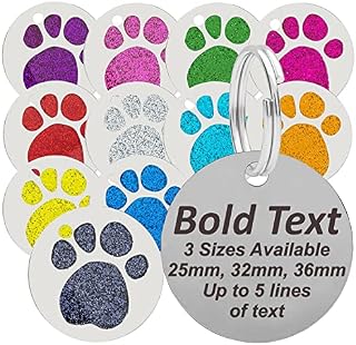 JK Personalised Engraved Round Glitter Paw Print BLACK BOLD LETTERING Dog/Cat Pet ID Tag Small/Large (Standard - 25mm, Black)