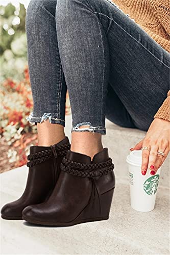 Image of Fashare Womens Wedge Ankle Boots Braided Fringe Strap Western Heeled Fall Booties Dress Shoes