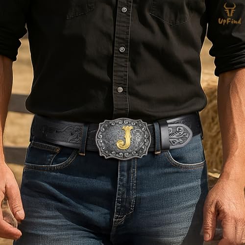 Western Cowboy Leather Belt Men Women, Gold Initial Letters ABCJMZ Buckle Embossed Belt for Jeans