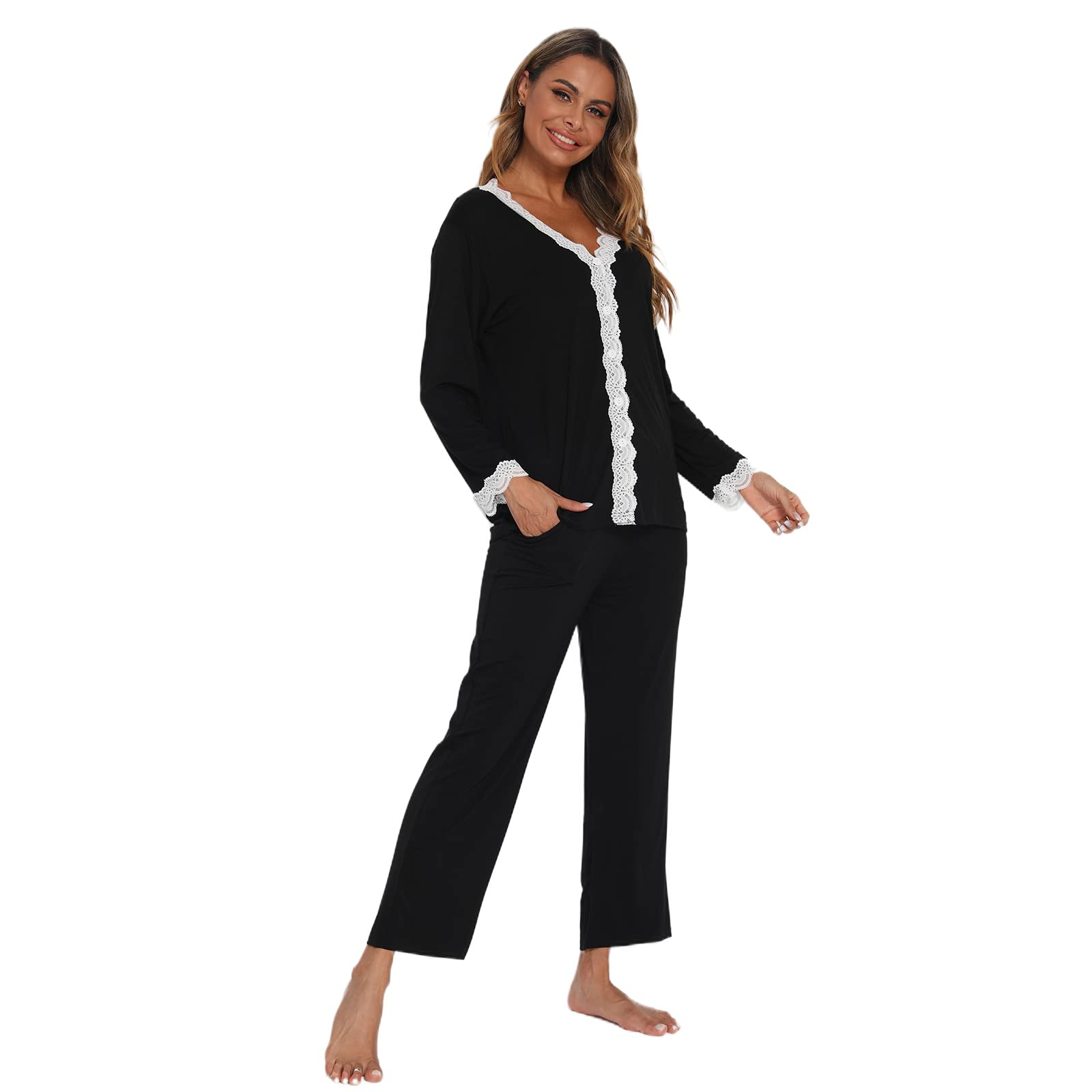 Jecarden Damen Schlafanzug mit Spitze Lang - Damen Pyjama Set Winter Langärmelig Nachtwäsche Zweiteiler Baumwolle Sexy Pyjama für Frauen weiche Loungewear