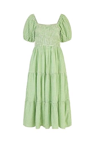 Yumi Green Cotton Gingham Smock Puff Sleeve Midi Dress (UK, Numeric, 16, Regular, Regular, Green)