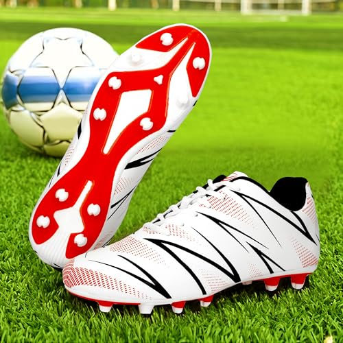 Image of PRO KVH Men's Football Stud Shoes - White-Red | Lightweight Soccer Cleats for Men | Synthetic Upper, TPU Sole | Durable Grip Sports Shoes for Football