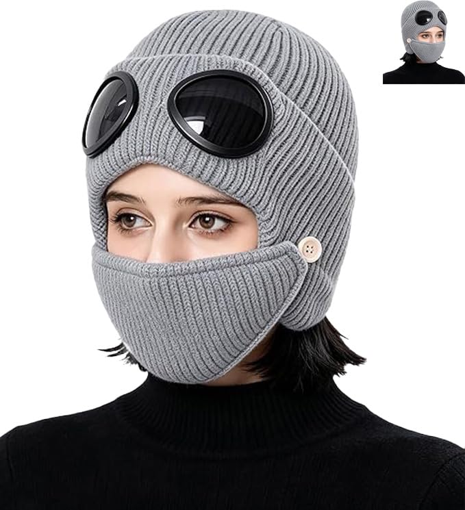 Winter Hat with Goggles Face Cover - Windproof Knitted Beanie Unisex