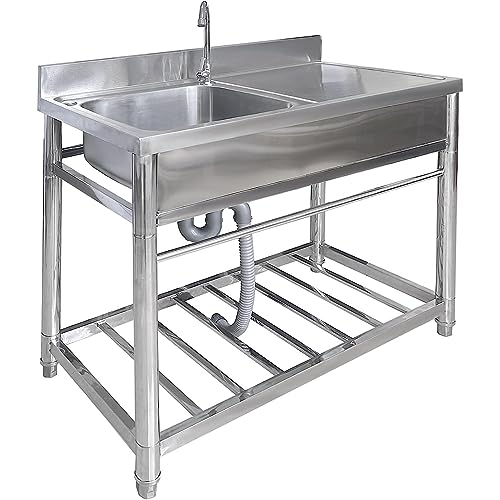 Lavabo de acero inoxidable con mesa de trabajo, estación de preparación de cocina, fregadero comercial para restaurante, independiente con soporte para lavarropas, para patio trasero, lavandería