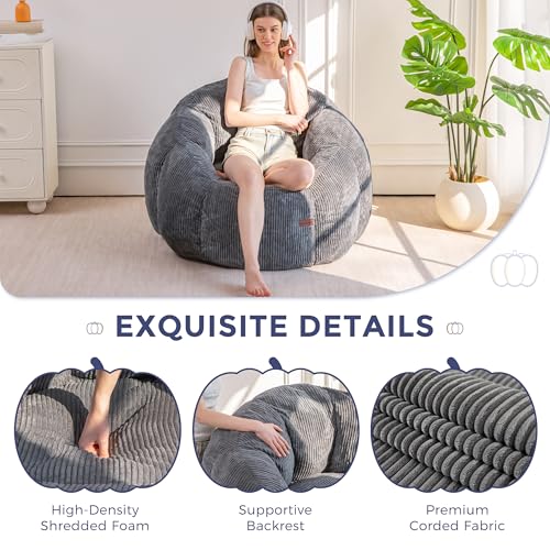 Image of MAXYOYO Giant Bean Bag Chair, Pumpkin-Shaped Bean Bag Sofa, Oversized Boneless Couch Sofa in a Box, Comfy and Lazy Lounge Chair for Dorm, Living Room, Dark Grey