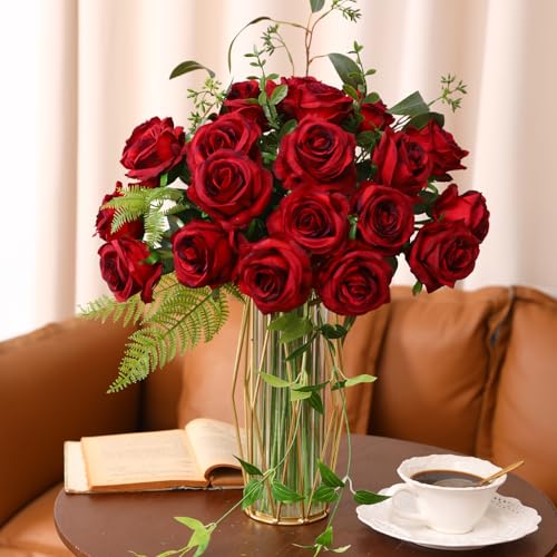 JUSTOYOU 20 PCS Burgundy Rose Artificial Flower,Silk Blooming Rose with Stem,Artificial Rose Bouquet Realistic Flower for Home Table Office Party Wedding Garden Arrangements(Blossom Roses Burgundy) - Image 3