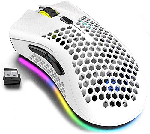 Ratón para videojuegos, diseño de panal de abeja, recargable, inalámbrico, con receptor USB, retroiluminación RGB, ratón ligero para ordenador portátil (blanco)