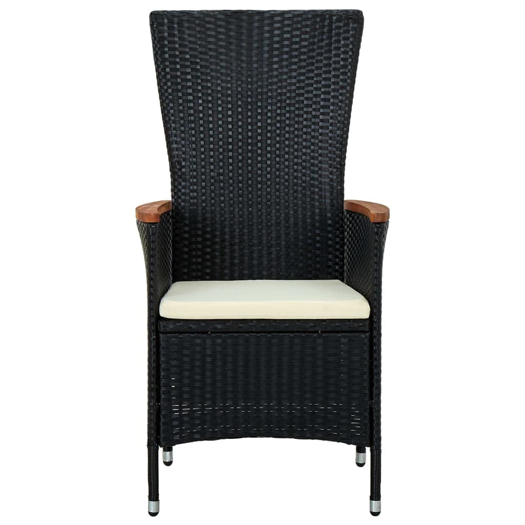 7-TLG. Set da pranzo da giardino nero con cuscino, sedie regolabili e tavolo in vetro, moderno set di mobili per esterni per terrazza e balcone, in rattan PE impermeabile