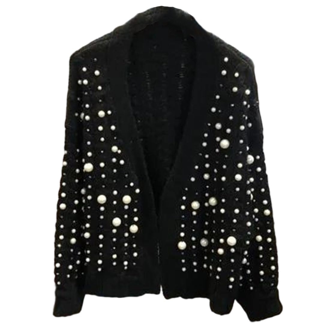 Women Winter Pearl Rhinestone Beads Thick Short Loose Knitted Cardigan Sweater