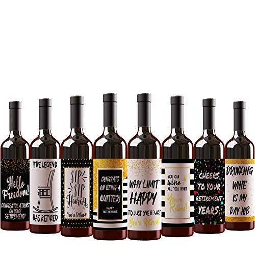8 Retirement Party Gift Wine Bottle Labels Stickers for Women and Men, Funny Officially Retired Decoration Supplies For Nurse, Police, Firefighter, Navy, Army, Teacher, Friend, Mom, Dad, and more