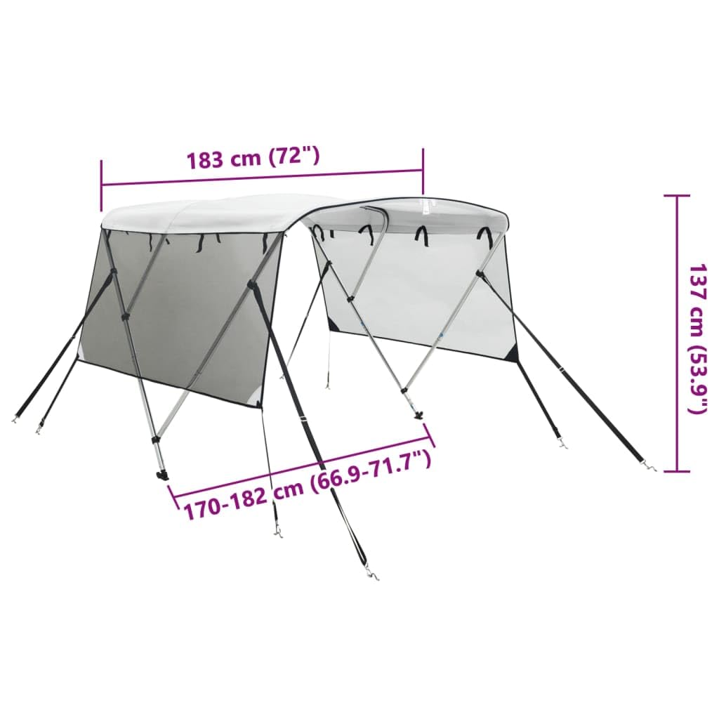 vidaXL Bimini di Prua Pareti Laterali Rete 3 Archi 183x(170-182) x137cm, Bimini per imbarcazione, tendalino per Barca, Copertura per imbarcazione