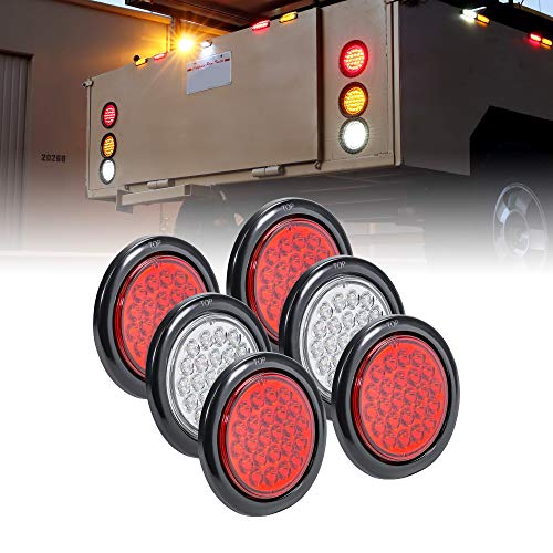 4 Red + 2 White 4" Round 24 LED Trailer Tail Light Kit [DOT Certified] [Grommets & Plugs Included] [IP67 Waterproof] Stop Brake Turn Reverse Back Up Trailer Lights For RV Truck