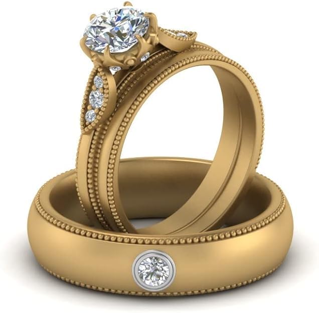 Image of Choose Your Gemstone Milgrain Matching Wedding Set for Couples Yellow Gold Plated Round Shape Wedding Ring Sets Matching Jewelry Wedding Jewelry Easy to Wear Gifts US Size 4 to 12