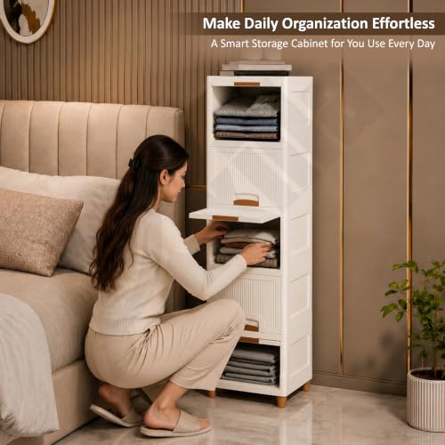 Image of 5 Tier Wardrobe Organizer | Foldable Organizer for Clothes | Stackable Cabinet & Almirah for Living Room | Kid Wardrobe for Cloth&Toys | Versatile Plastic Cupboard For Storage Organizer (Ivory)