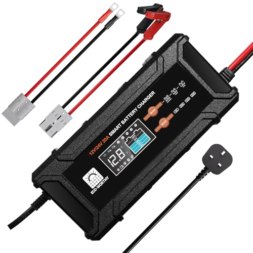 ECO-WORTHY 12V/24V 20A Smart LiFePO4 Battery Charger with UK Plug Support Lithium AGM SLA Battery Charging with Activation and Trickle Maintenance for LiFePO4 Batterie