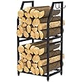VyGrow Firewood Rack for Indoor, 2-Tier Firewood Holder with 3 Hanging Hooks, Heavy Duty Wood Rack for Outdoor Patio, Black, 11.8" D x 15.7" W x 31.9" H