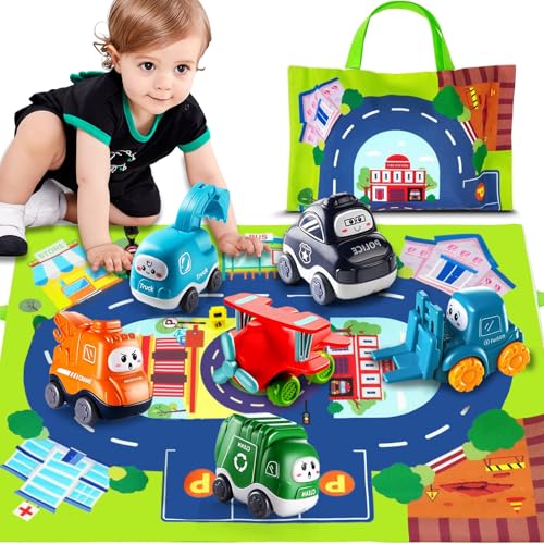 7 en 1 Carritos Juguetes para Niño, 6 Pcs Juguete Carros para Niños y 1 Bolsa de Almacenamiento de Mapa Tapete, Coches de Juguetes, Kit de Camiones de Juguete de Construcción, Regalo para Niños Niñas