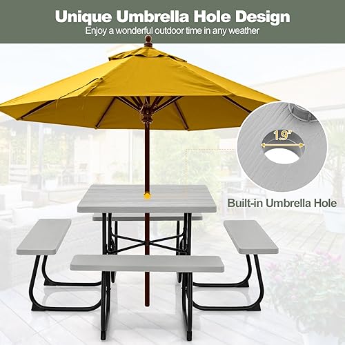 Image of Tangkula 8 Person Picnic Table, Outdoor Square Picnic Table with 4 Built-in Benches, Umbrella Hole, Metal Frame & HDPE Tabletop, Outside Table and Bench Set for Backyard, 2300lbs Weight Capacity