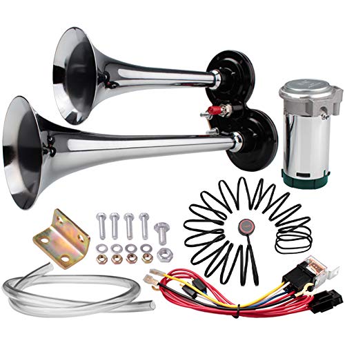 FARBIN Air Horn 24V Super Loud Car Hornï¼ŒChrome Zinc Dual Trumpet with Compressor,Wire Harness and Switchï¼Œfor Any 24V Vehicles Trains Boats Vans Buses (24V, Standard Edition + Button)