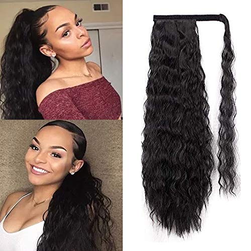 ALENTOO 22 Inches Long Corn Wave Ponytail Extension Curly Wavy Synthetic Drawstring Ponytail Magic Paste Black Wrap Around Clip in Ponytail Hairpiece(1B)