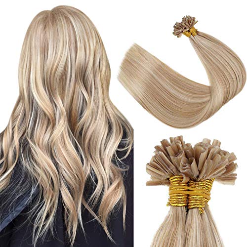 LaaVoo U Tip Hair Extensions U Tip Human Hair Hot Fusion Pre Bonded Salon Style Hair Extensions Highlight Ash Blonde Mixed Bleach Blonde Nail Tip Hair Extensions 50g/50strands