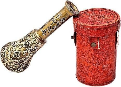 Decorative Brass Telescope with Floral Embossing and Red Leather Case, 12 inches Vintage Style