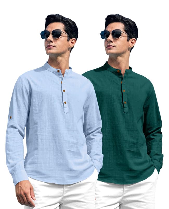 Image of ROYALSCOUT Combo of Men's Solid Cotton Blend Full Sleeve Straight Kurta Shirt (Pack of 2)