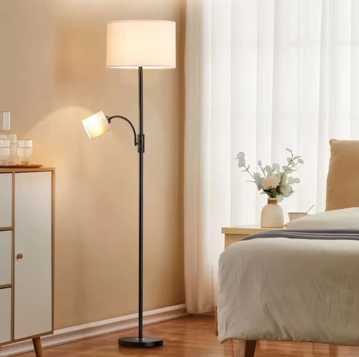 Modern Floor Lamp with Reading Light, 177 cm Tall, Dual Shade Design, Black Metal Stand