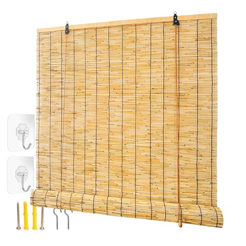 Gzaebji Cortinas Bambu Exterior Persianas De Caña Enrollables Natural 50 65 80 90 100 115 130 145 160 180cm Fácil De Instalar Persianas Romanas Blackout Estor Bambu para Terraza Cocina Jardín Porche