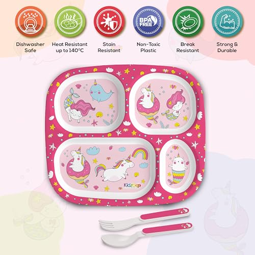 Image of Cello Kidzbee Quadmeal Pink Parade Melamine Meal Set for Kids | BPA Free and Food-Grade Material | Attractive and Kidfriendly Designs | Break Resistant & Durable Set | Set of 3, Pink