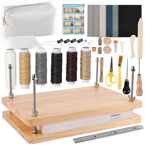 HomdMarket Buchbinder Set, 30×20cm Buchbindeset, Buchbindewerkzeuge, Buchbindematerialien mit Holzbindepresse, Buchbinde-Starter-Werkzeuge mit Nadel & Faden, Wachsfaden, Aufbewahrungsbeutel, Bindung