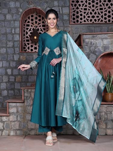 Image of EthnicJunction Women's Cotton Silk Embroidered Anarkali Kurta Palazzo with Digital Print Dupatta Set