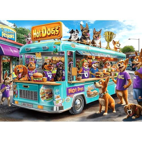 Blueforest 1000 Piece Jigsaw Puzzle for Adults: Cartoon Dogs Food Truck Adventure - Challenging & Fun Puzzle with Vibrant Art, Bonus Poster (27.5